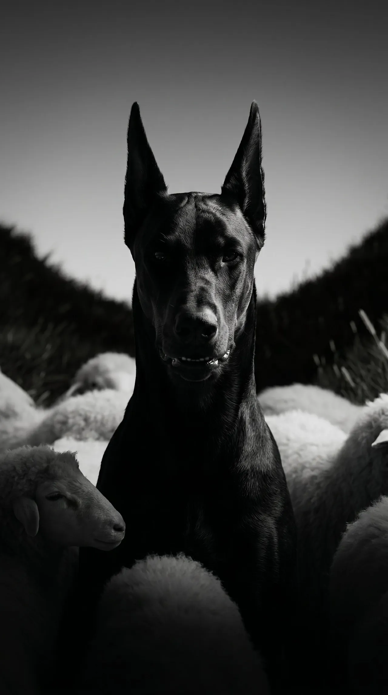 Black doberman standing among white sheep