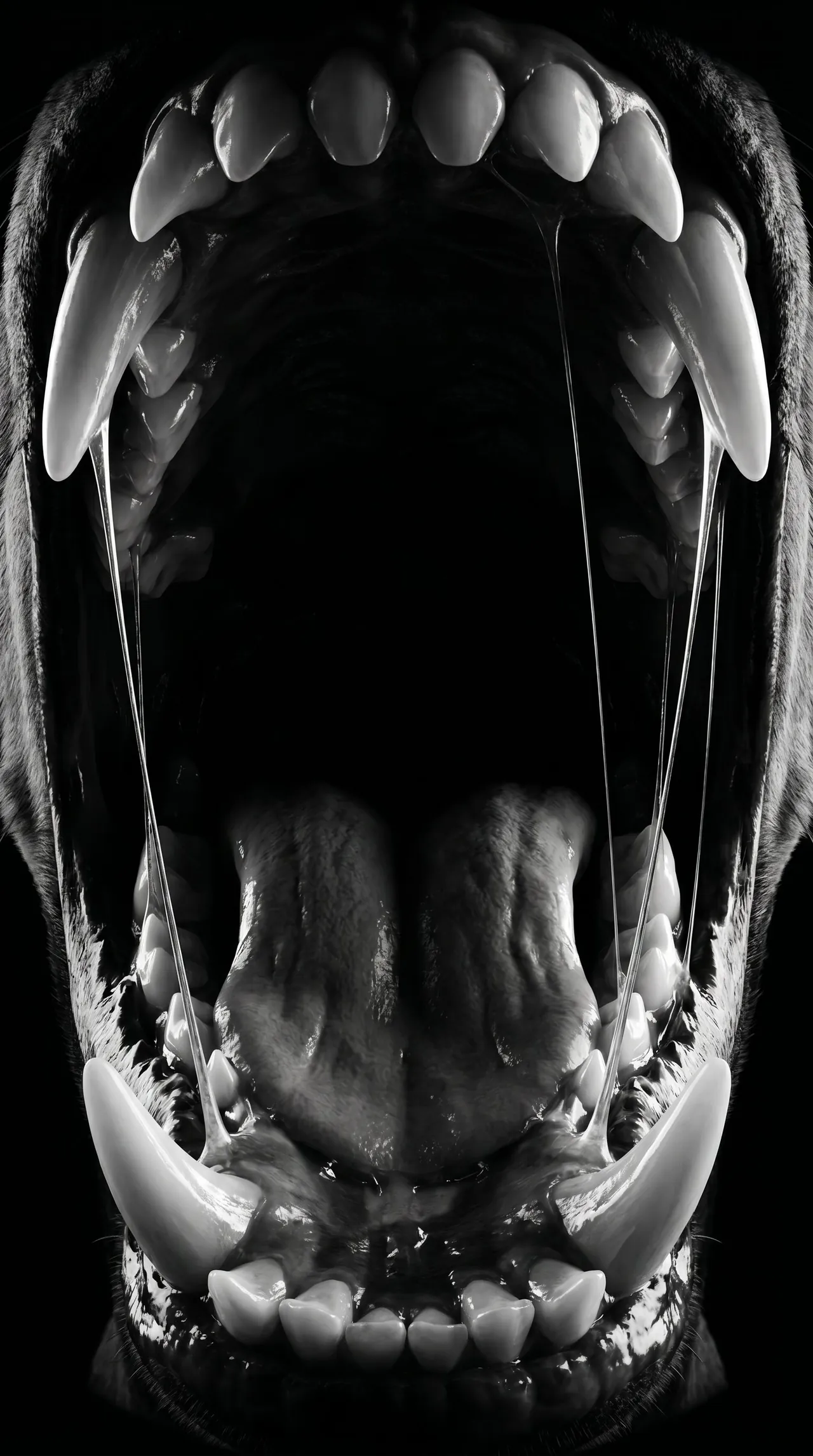 Wide-open jaws with sharp white fangs in hard light