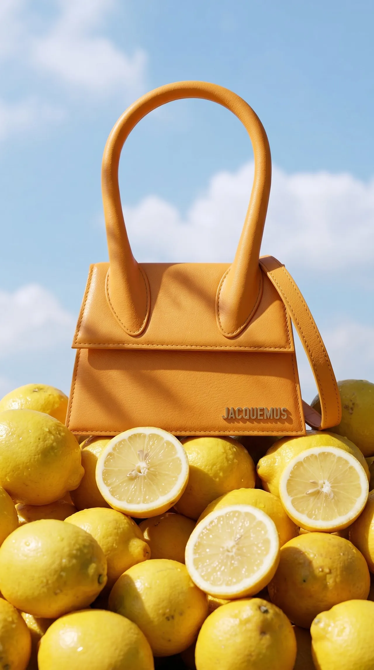 Jacquemus bag on a pile of whole and halved lemons against a blue sky