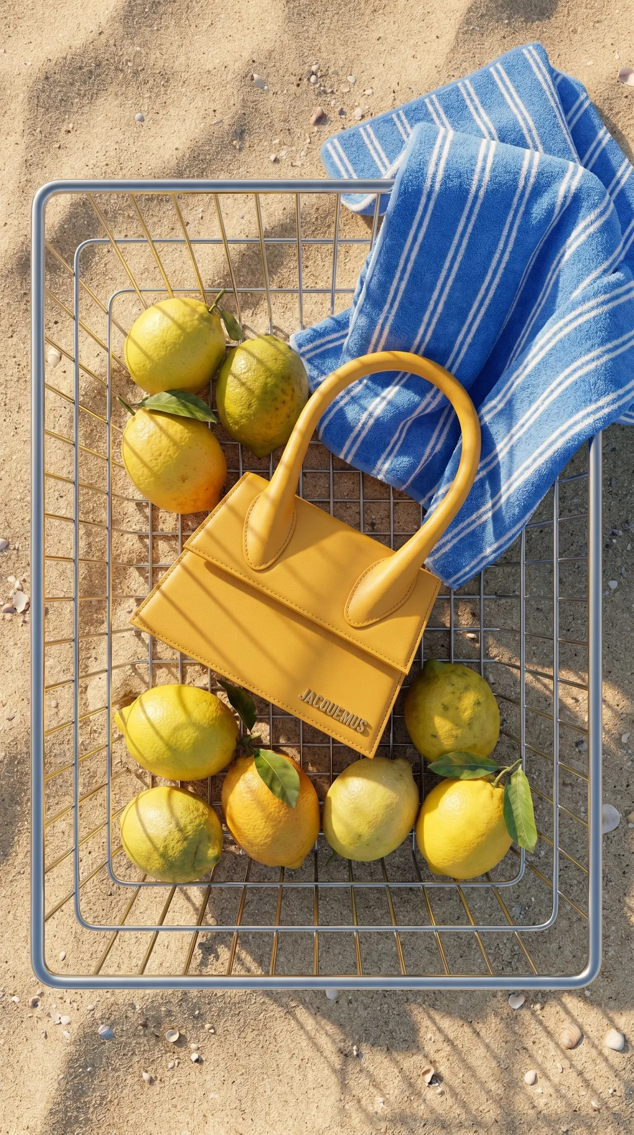 Top view of the Jacquemus bag in a wire basket with lemons and a striped towel on the sand