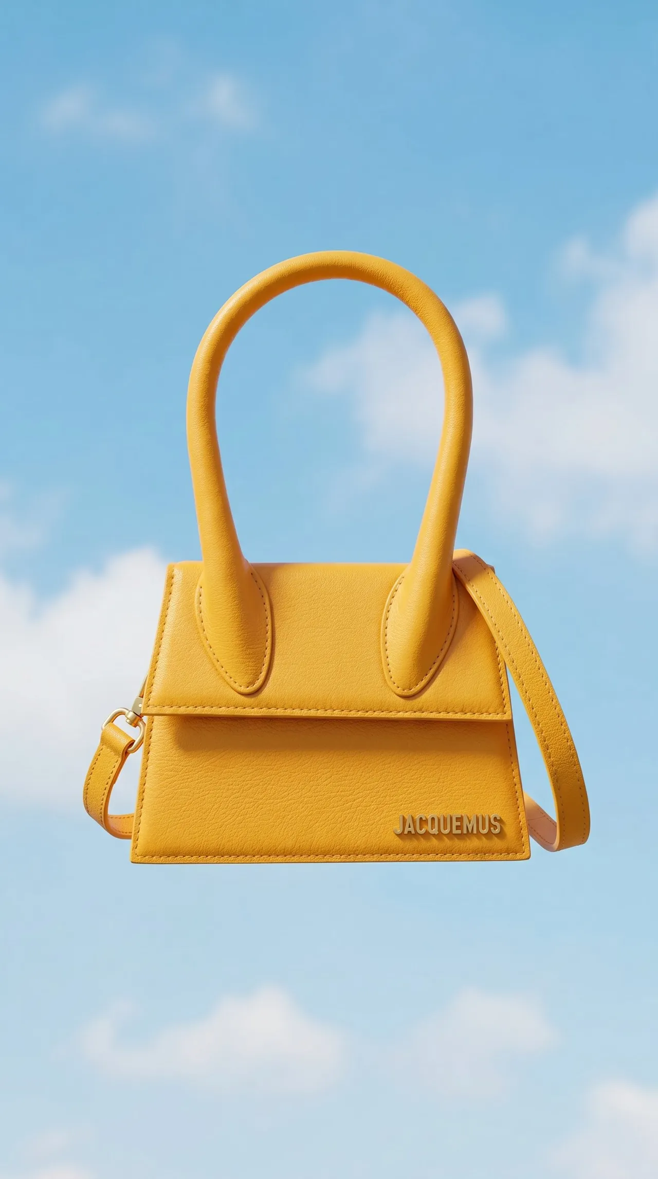 Ochre Jacquemus Le Grand Chiquito bag floating in a blue sky