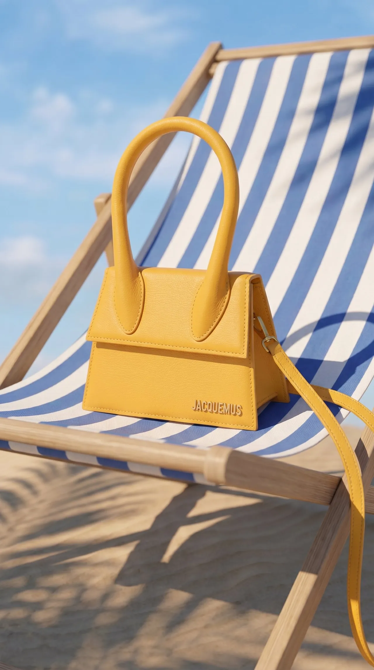 Jacquemus bag resting on a blue and white striped deckchair