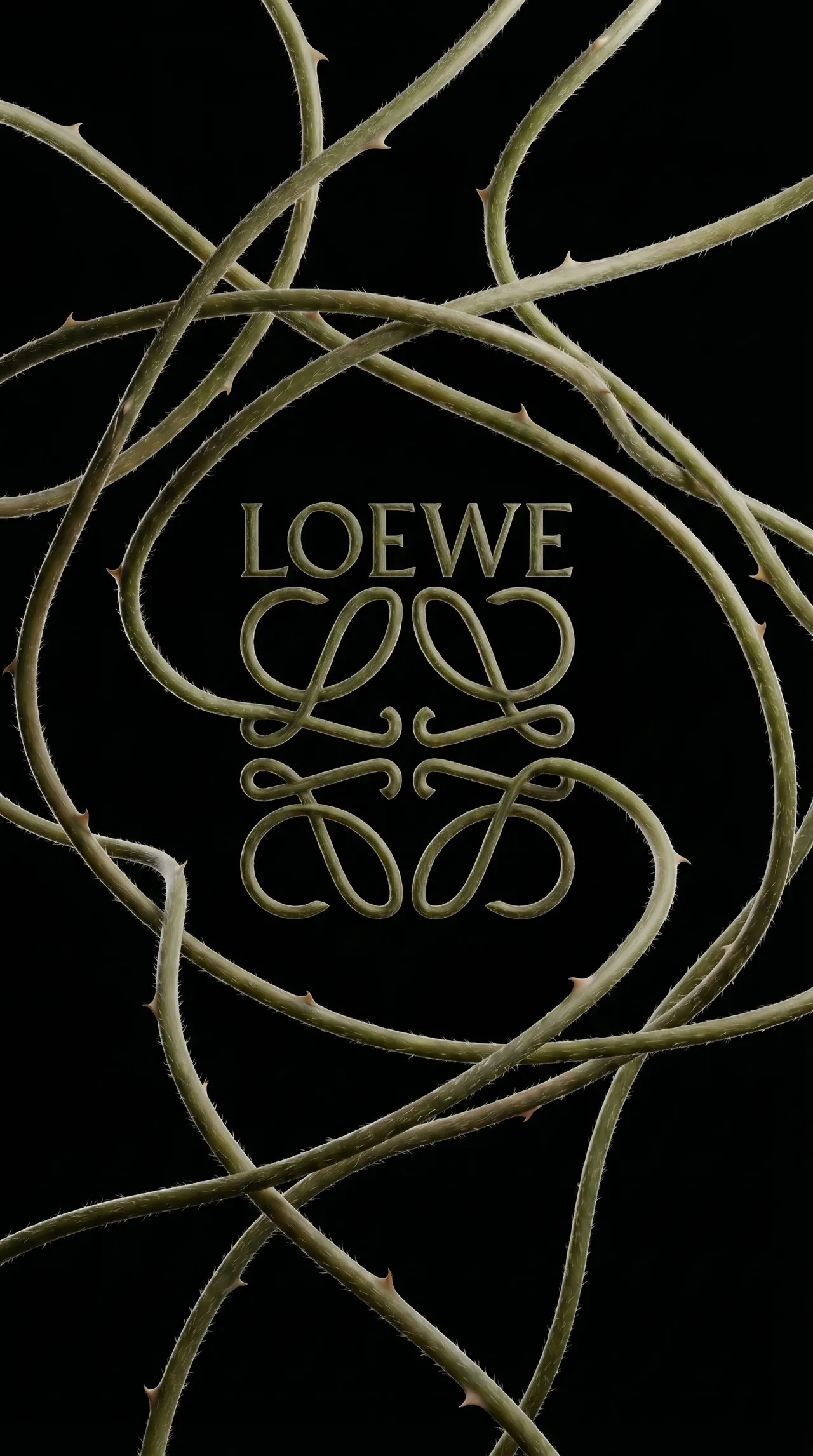 Loewe anagram drawn by thorned vines on a black background