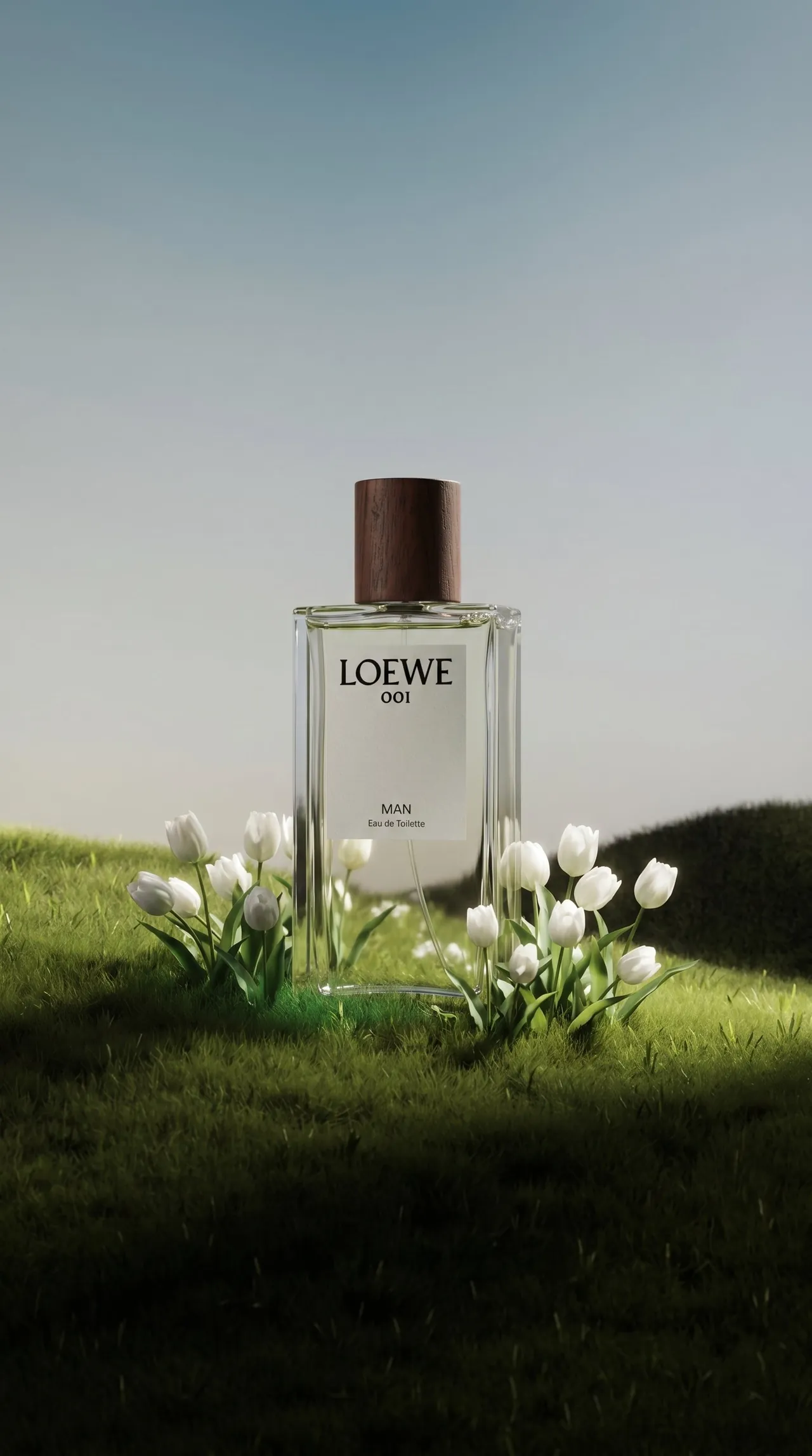 Loewe 001 Man bottle standing in a green meadow among white tulips