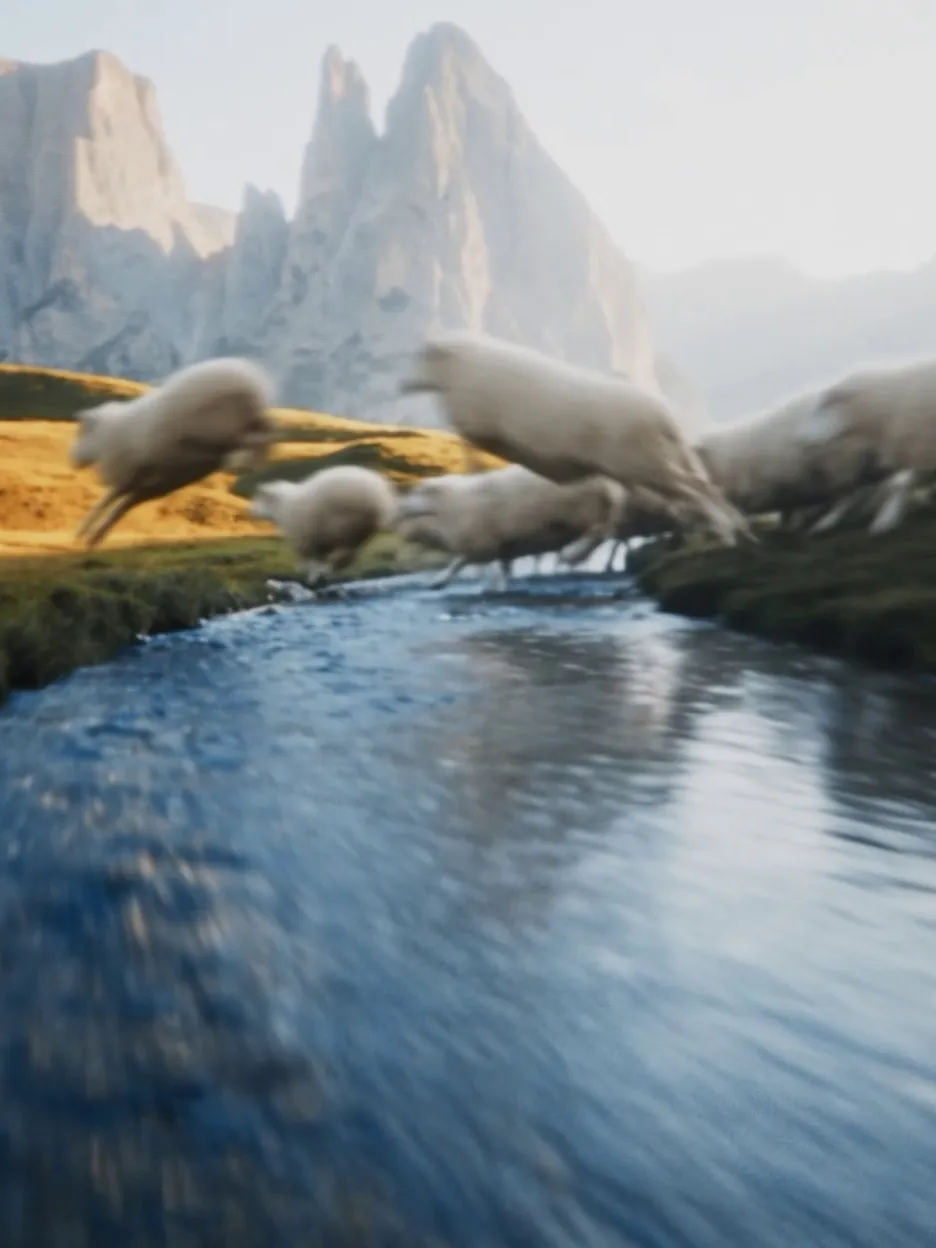 Sheep leaping across a mountain stream below the jagged peaks of the Dolomites