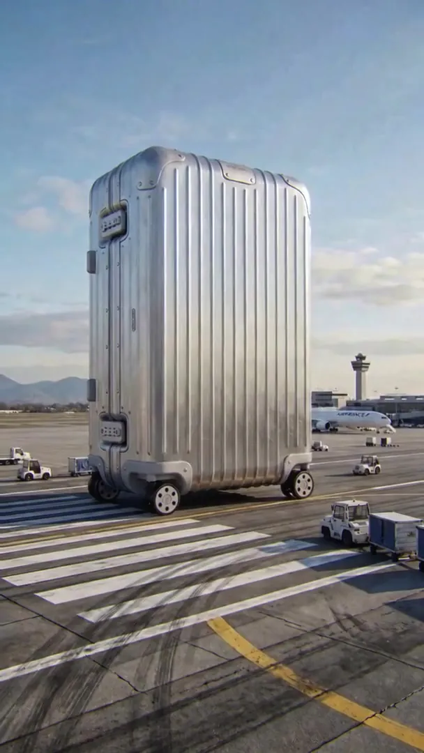 Giant aluminium Rimowa case on an airport apron, control tower in the background
