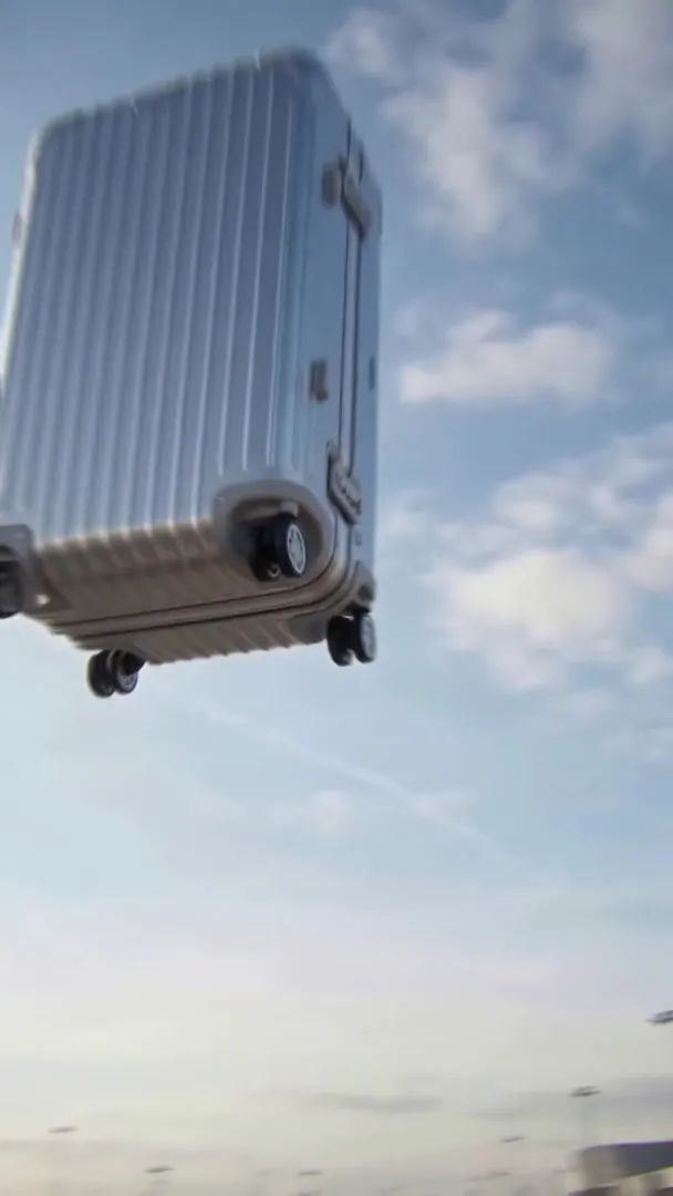 The giant case flying up into the sky, wheels out