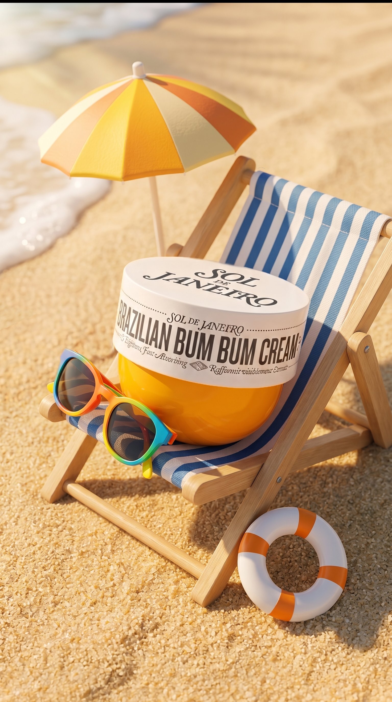 Sol de Janeiro jar on beach chair with umbrella